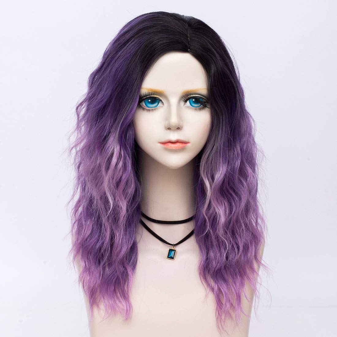 Similler Short Dark Rooted Ombre Purple Synthetic Wig Goth Punk Women Curly Bob Hair Replacement Wigs