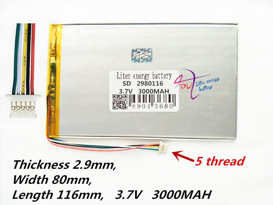 5 draad Liter energie batterij 2980116 3.7V 3000MAH Universele Li-Ion batterij voor tablet pc 7 inch 8 inch 9 inch