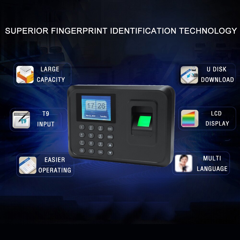 Intelligent Biometric Fingerprint Password Attendance Machine Employee Checking-in Recorder 2.4" TFT LCD Screen DC 5V Time Clock