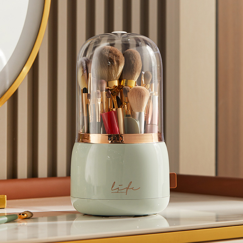Makeup brush holder storage device with 360 degree rotation, dustproof makeup brush container, transparent acrylic cover, rotati: green