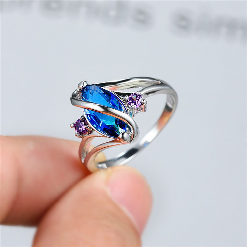 Charme kvindelig blå krystal sten ring vintage sølv farve vielsesringe til kvinder lover zirkon blad forlovelsesring