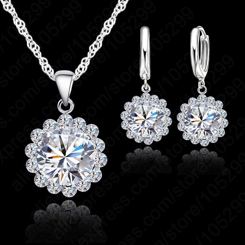 Wedding 925 Sterling Silver Jewelry Sets Women Round Crystal Pendant Necklace Earring Set Price 7 Color Be Chose: Model 01