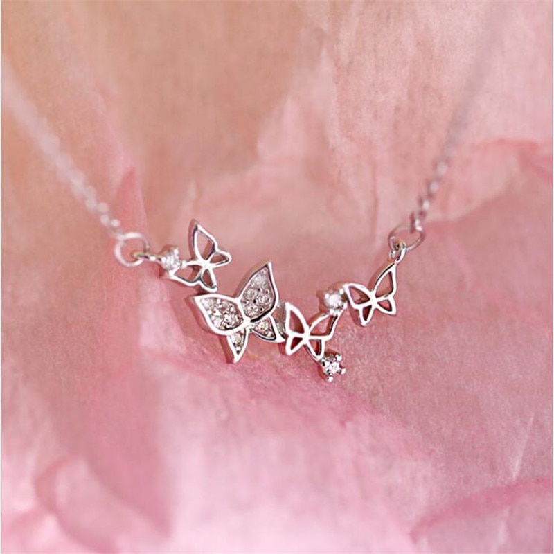 Collar con forma de mariposa para mujer, joyería de plata de ley 925 con forma de corazón, cadena de cristal para clavícula H511