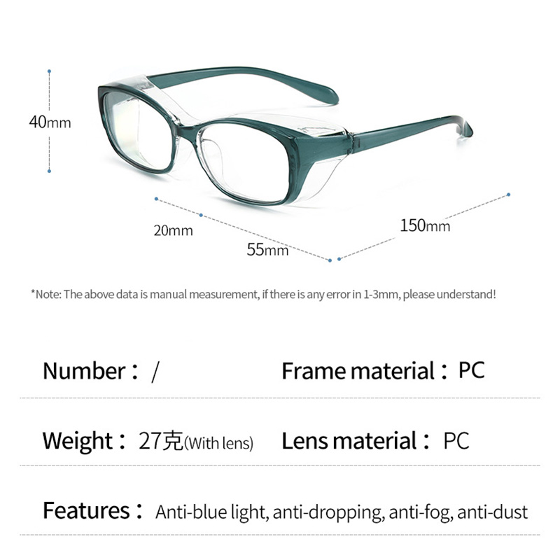 Square Safety Goggles with Side Shields Blue Light Blocking Glasses PC Lens Anti-allergy Windproof Anti Splash Eyewear