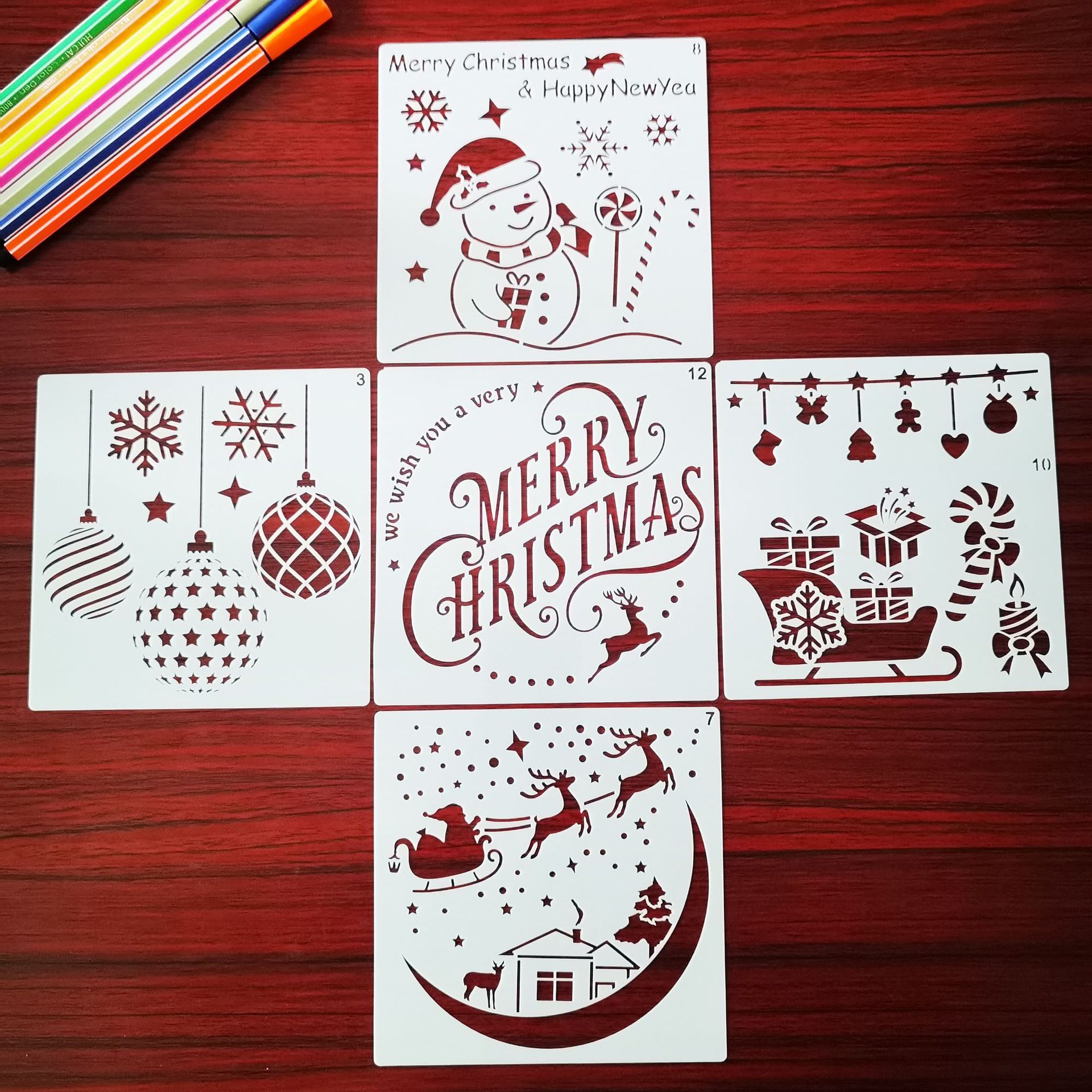 12 pièces/ensemble élément de noël modèle peinture Scrapbooking pochoirs bricolage carte de noël nouvel an carte modèle 13*13cm