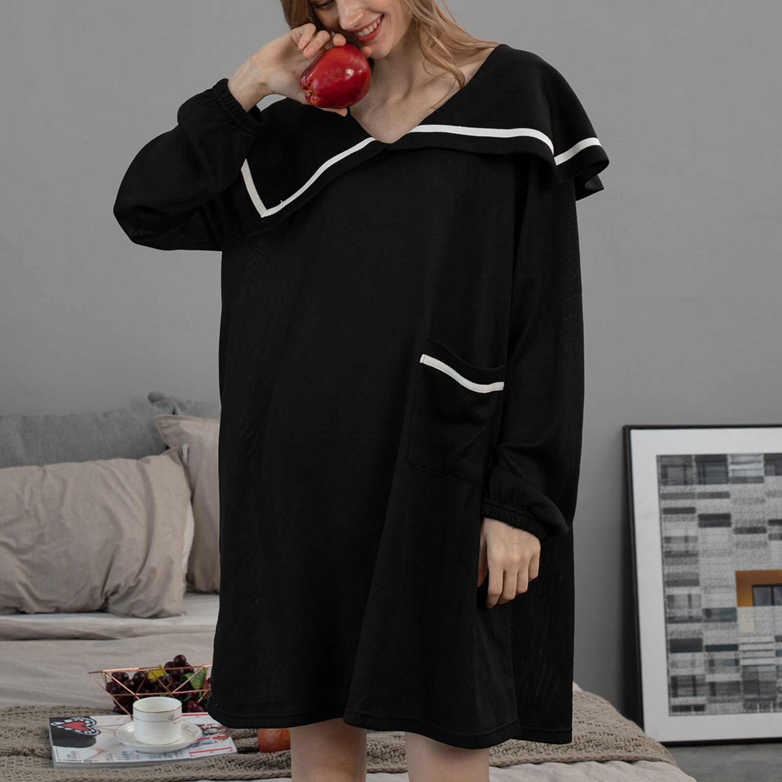 Women Sleepwear Loose Nightdress V-neck Solid Color Long-sleeved Soft Casual Homewear Nightwear mujer invierno