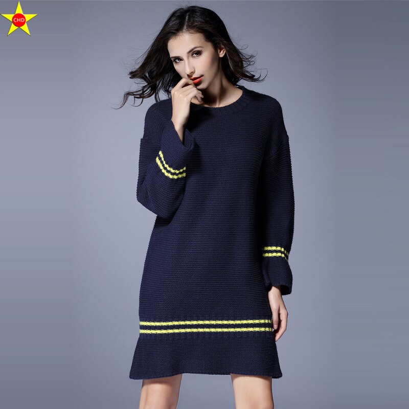 L-5XL Plus Größe lässig Frauen Trompete Kleider Herbst Winter aufflackern Hülse Gestrickte verlieren Elegante Kleid extra Große