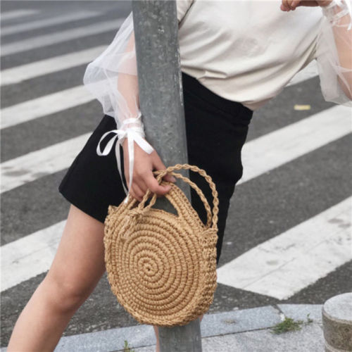 Fashion Women Straw Bag Woven Round Handbag Purse Crossbody Summer Beach Bags