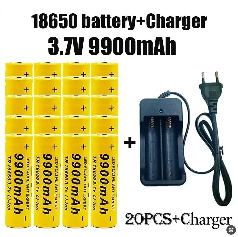 100% Original 3.7V 18650 Battery 9900mAh Lithium Rechargeable Battery flashlight Toys fans battery+charger: Gold