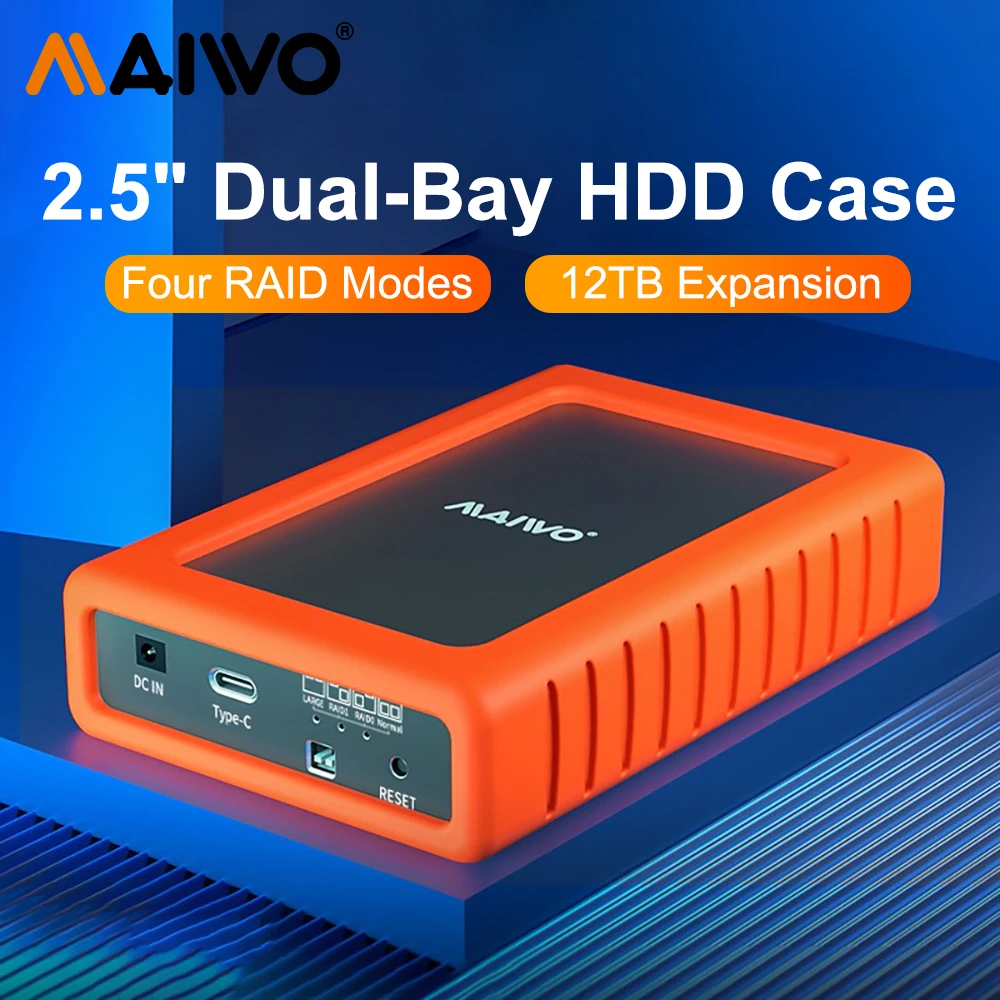 MAIWO Hard Drive Array Enclosure Dual-bay for 2.5 inch External HDD SSD Case RAID Array Type C 2.5" Dual Disk Array Enclosure