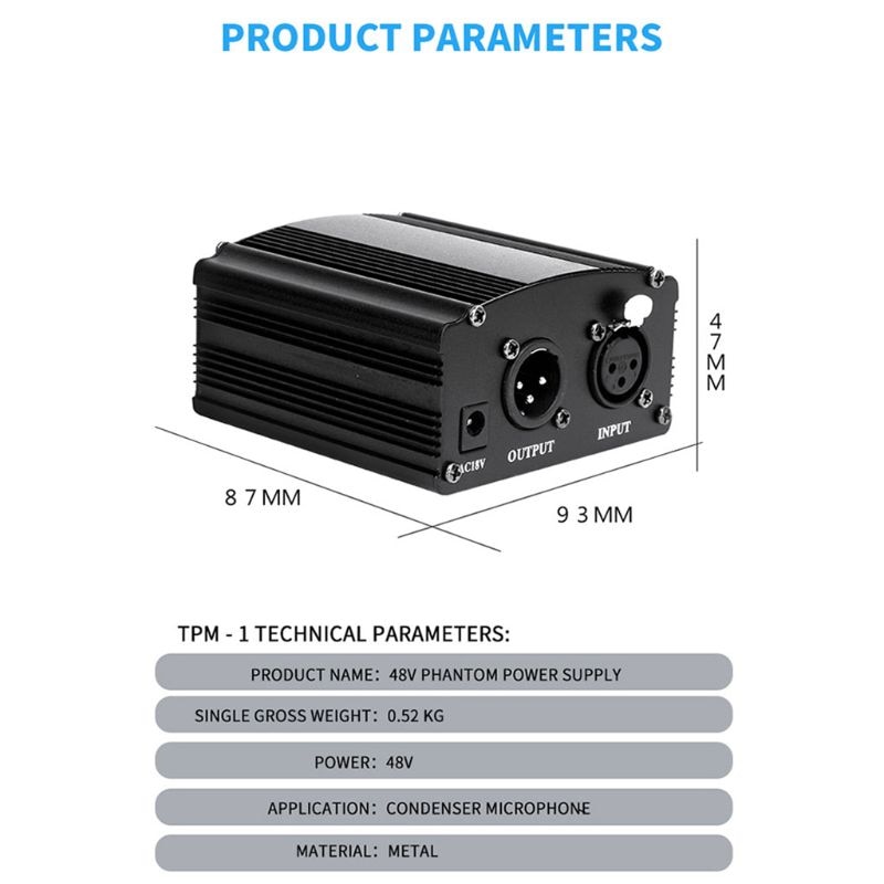 48V Phantom Power Supply with Adapter AU US EU Plug for Condenser Karaoke Mic