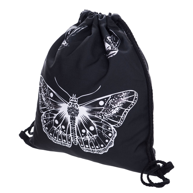 Butterfly TATOO Black Drawstring Bag Casual Mochila Cuerda Out Door Drawstring Backpack Women Men Modis String Bag Girl