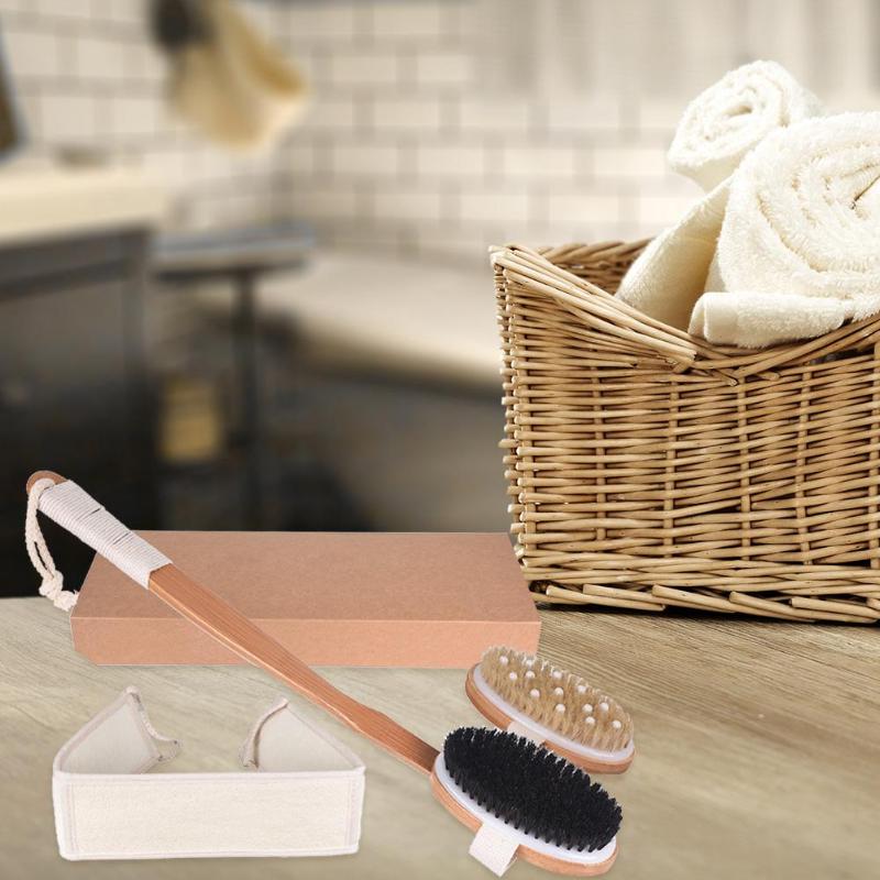 3pcs Dry Body Brushing Set Natural Bristle Bamboo Handle Shower Bath Brush