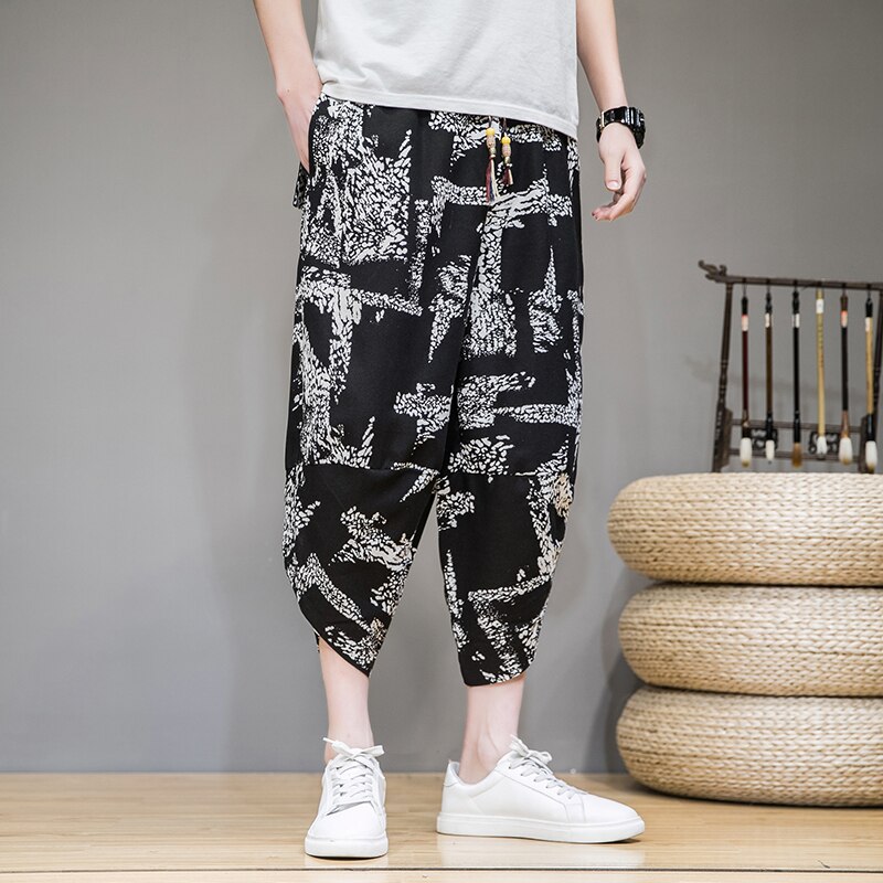 Homme pantalon hommes Large entrejambe sarouel ample grand pantacourt Large jambes Bloomers Style coréen imprimé Baggy Streetwear