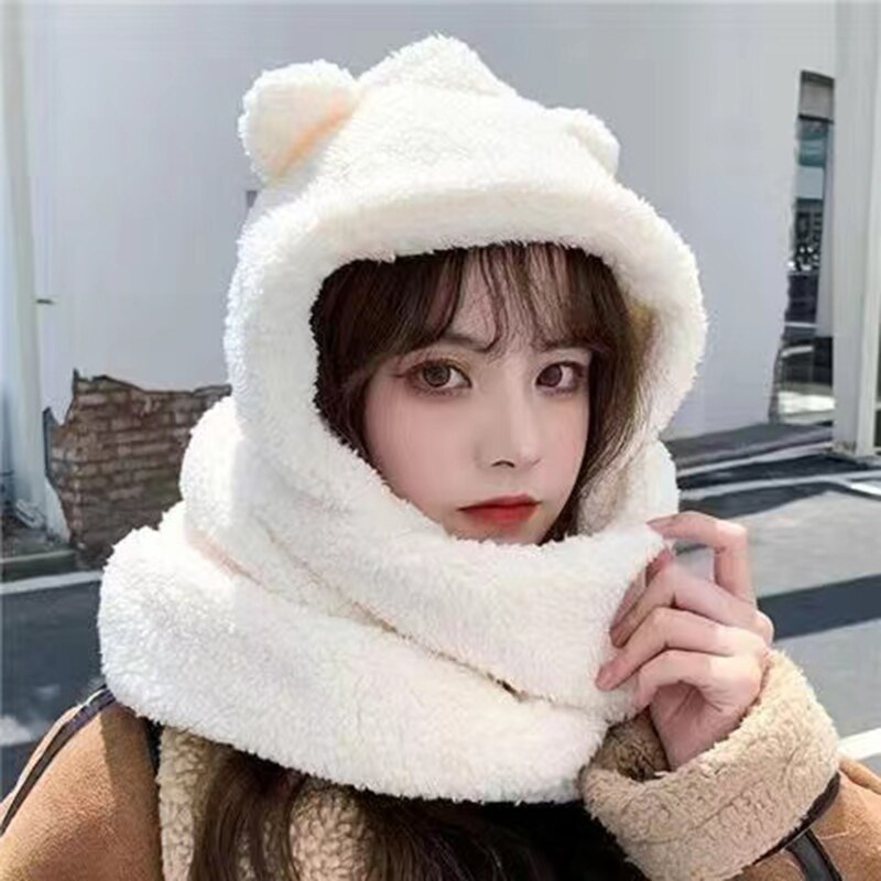 Pasamontañas con orejas para mujer, conjunto de gorro, bufanda y guantes de invierno, gorros cálidos e informales de felpa, accesorios Kawaii: Blanco