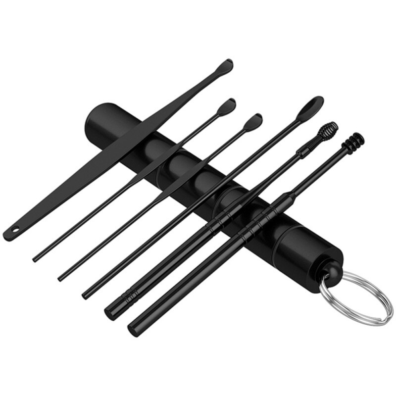 6Pcs Oor Lepel, Schoon Remover Oor Pick Rvs Oor Cleaner Tool Oorsmeer Remover Earpick Set Gezondheidszorg: Black