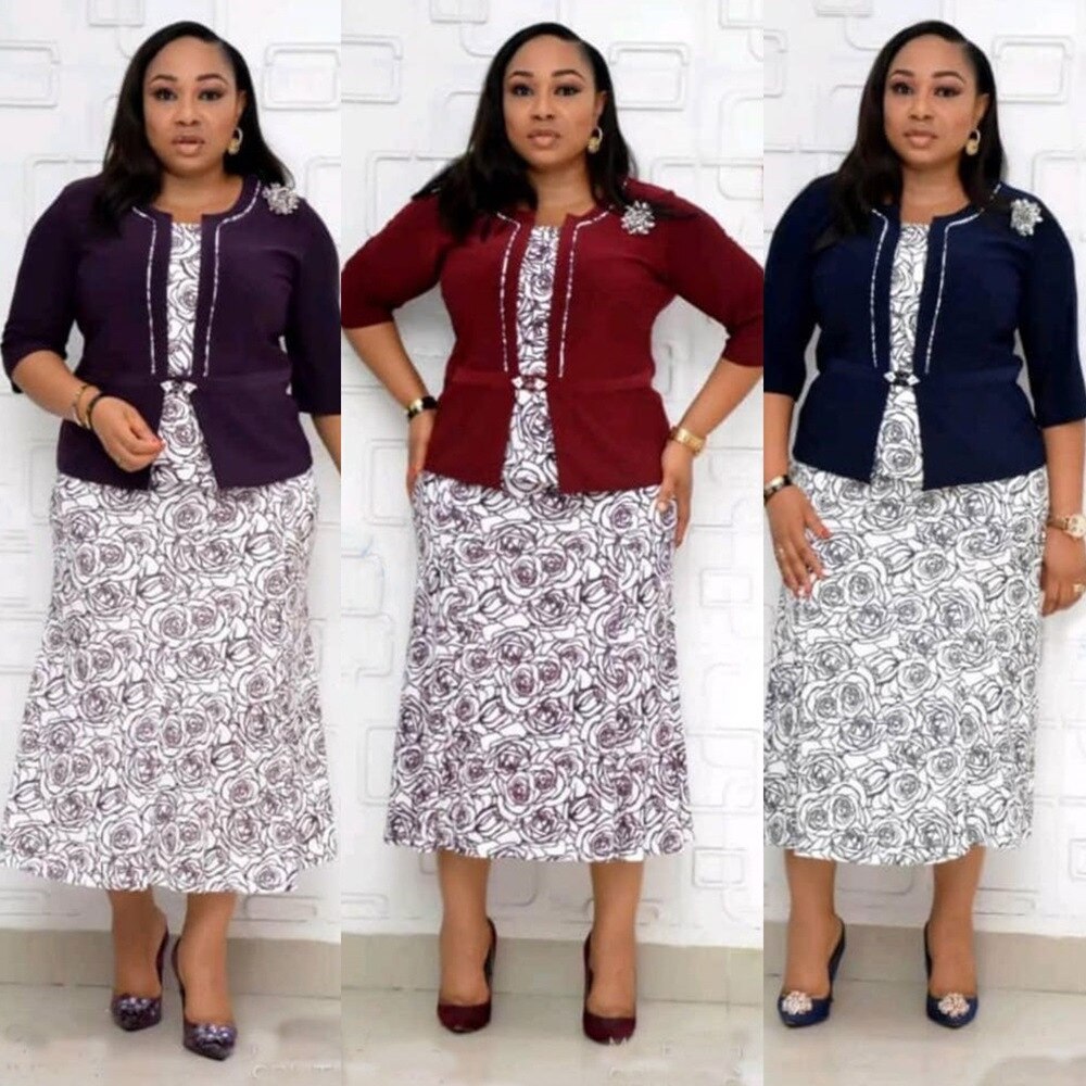 Plus Size Africa Dresses 2 Piece Set Coat Jacket And Dress OL Suit Spring Floral Print Maxi Dress African Outfit