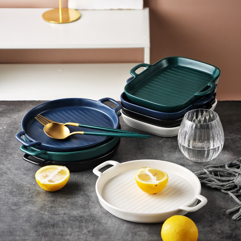 MUZITY Ceramic Baking Plate Round Porcelain Dinner Dish Special Snack or Bread Plate with Handle Bakeware