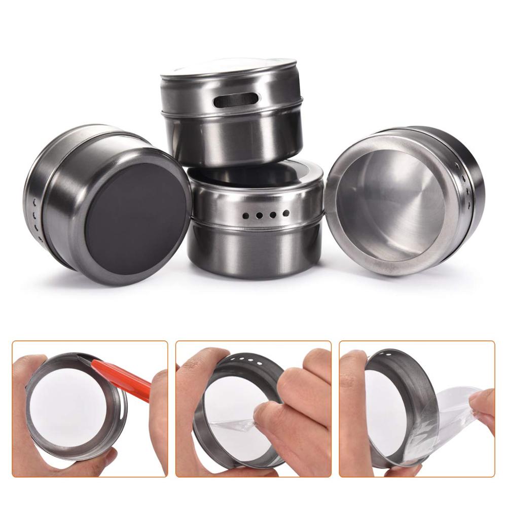 Magnetic Stainless Steel Spice Jars Tins Set with Clear Lid Labels Sticker Seasoning Pepper Spice Storage Container Jars