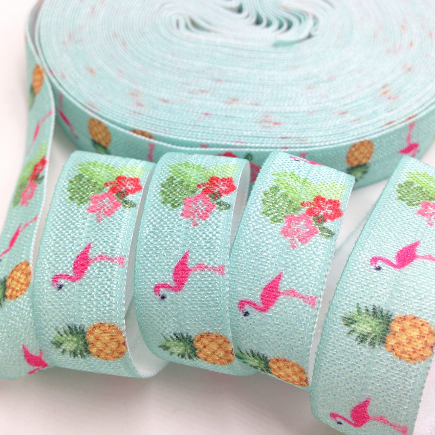5 yards 16mm hawaii flamingo tryckt vik över elastisk tejp ananas fiende handgjorda tillbehör gör det själv hår slips pannband leverantör: P318