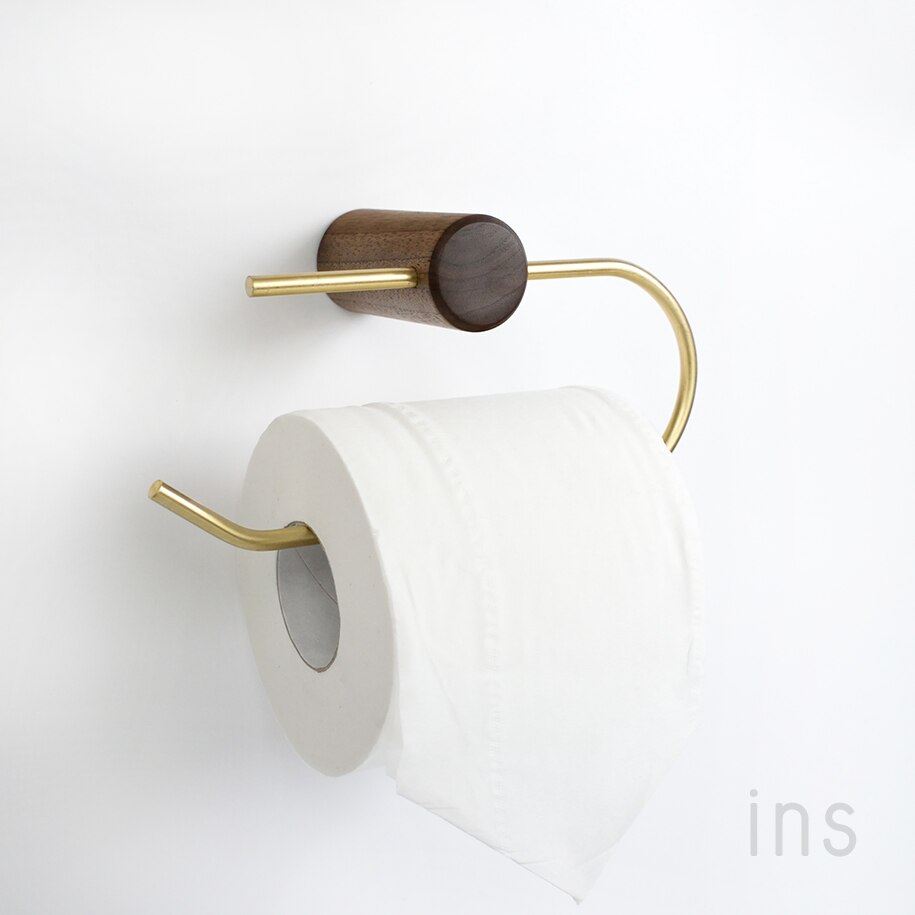 Nordic bathroom paper towel holder roll holder brass toilet paper holder solid wood paper towel rack punching installation: Black walnut