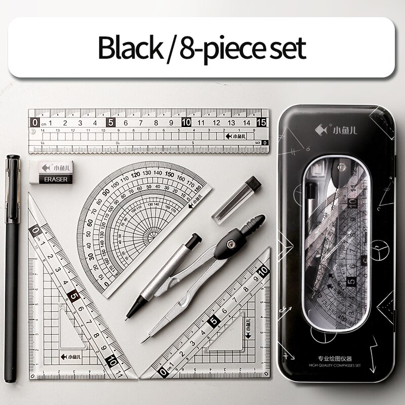 compasses ruler set triangle straightedge multifunctional math drawing caliper 2022 stationery school supplies: Black 8-piece set