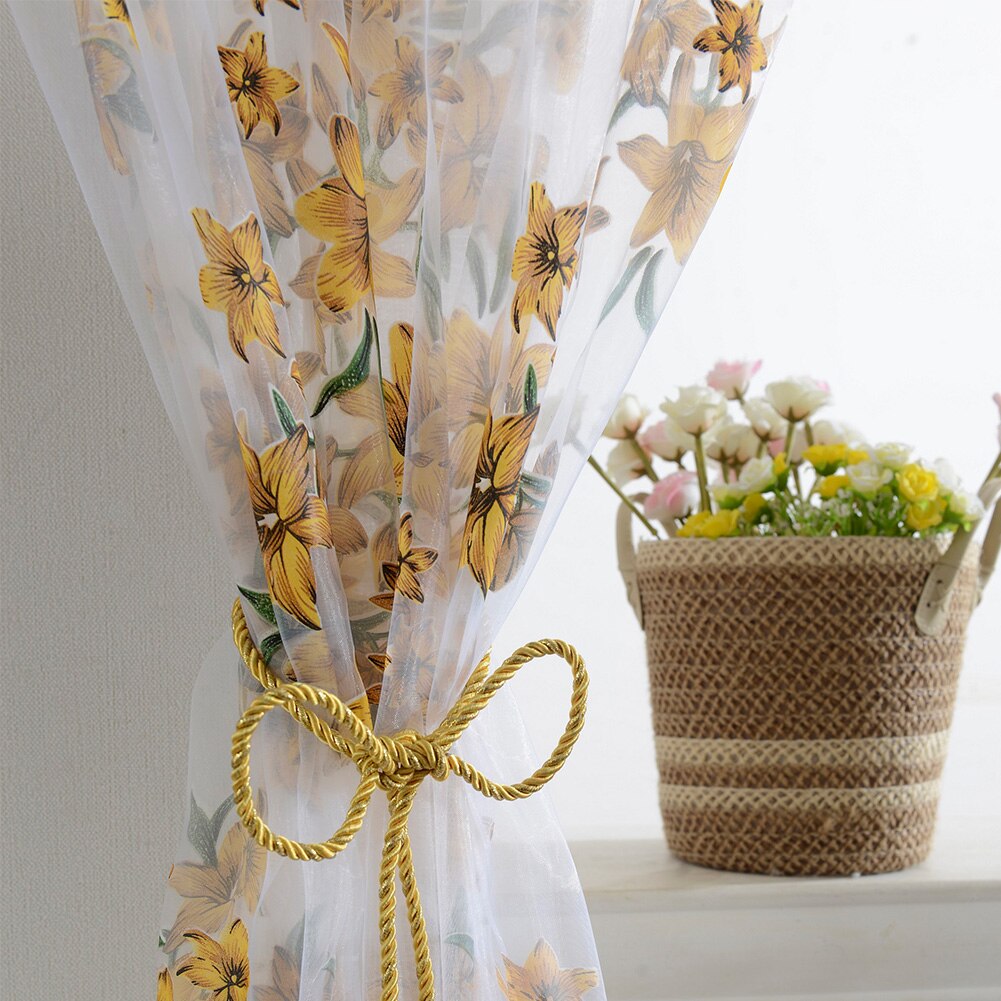 Sheer Curtains Floral Printed Semi-Transparent Curtains Eyelet Voile Floral Curtains For Home Living Room Decor Yellow 100x200cm