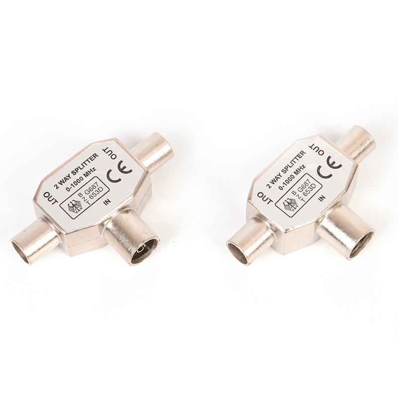 2-Way TV aérea coaxial divisor, sinal de metal, combinador adaptador T, 2 macho para 1 fêmea adaptador, TV/T Adaptadores