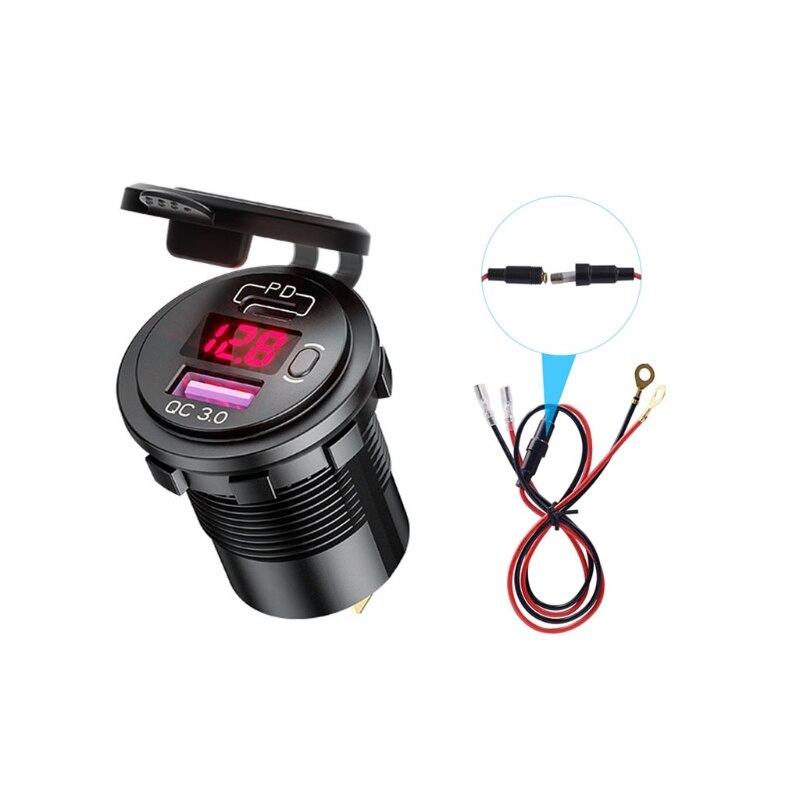 Waterdicht Type C Pd QC3.0 Usb 12V Auto Snelle Auto-oplader Met Led Voltmeter Op Uit Schakelaar Kabel Voor truck Motorfietsen Mari: 5