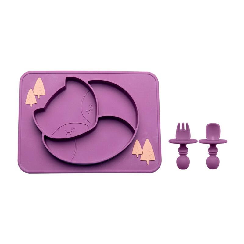 Juego de vajilla de alimentación para bebé, plato de comedor de zorro, cuchara de silicona, tenedor, impermeable, sin BPA, tazón de silicona de grado alimenticio, 3 unids/set: purple set
