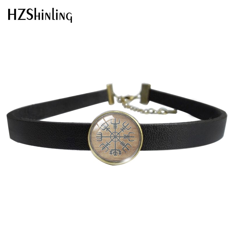 Viking Schild Vegvisir Klassieke Ronde Glas Cabochon Lederen Choker Ketting Draaimomenten Sieraden Voor Meisjes: 2 / Brown