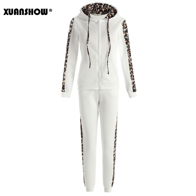 Xuanshow Herfst Winter Mode Trainingspak Vrouwen Splice Fleece Luipaard Print Jas Met Kap Twee Stukken Set Hoodies Lange Broek Pak