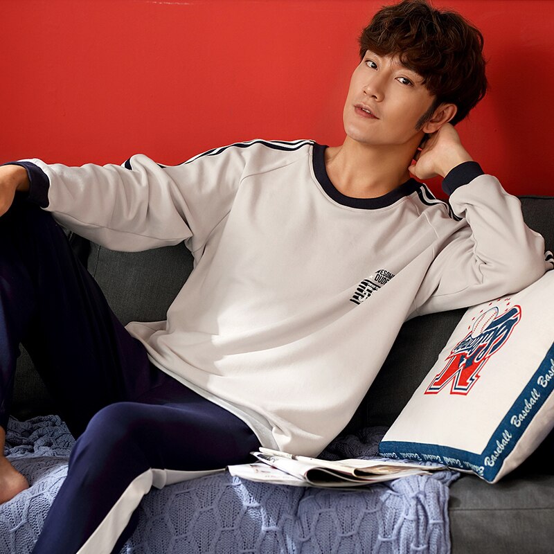 Conjuntos de pijamas de hombre de otoño, manga larga, talla grande, Kawaii, ropa de casa, ocio, estampado cómodo, rayado, sencillo, 2 uds, estilo de