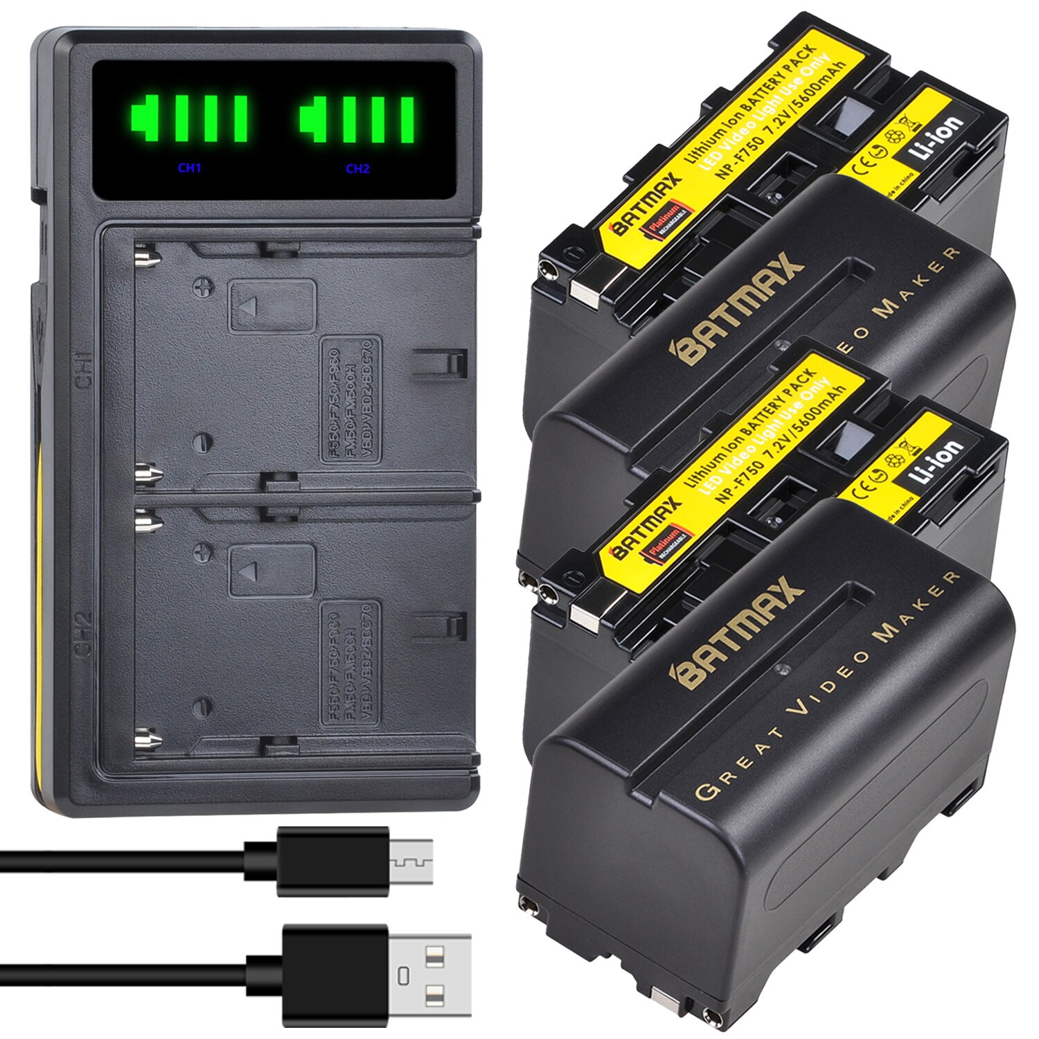 4Pc 5200mAh NP-F750 NP-F770 Li-ion batterie + LCD double chargeur USB pour Yongnuo YN300 III YN-300 III caméra Photo LED lumière vidéo: 4Pcs set