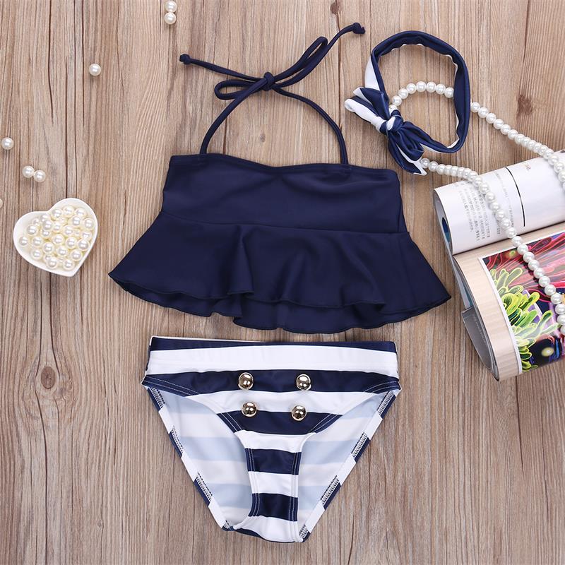 Bikini a rayas para niños y niñas, traje de baño de dos piezas con estampado de rayas, cintura alta,