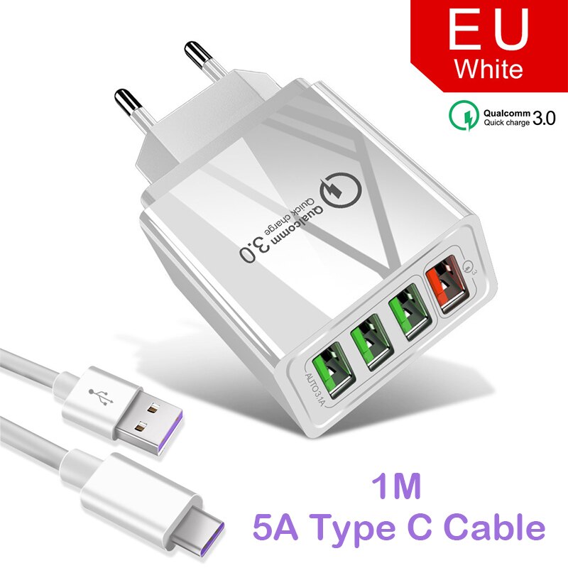 48W Quick Charger 3.0 USB Charger For Huawei P30 QC 3.0 Fast Wall Charger EU UK Plug Adapte For Xiaomi Type C Cable Super Charge: EU C white