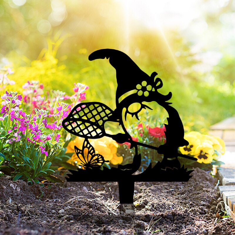 1/3 PCS Rustic Black Gnomes Silhouette Cute Metal Gnome Garden Statues Decorative Garden Stake For Yard Lawn Outdoor Decoration
