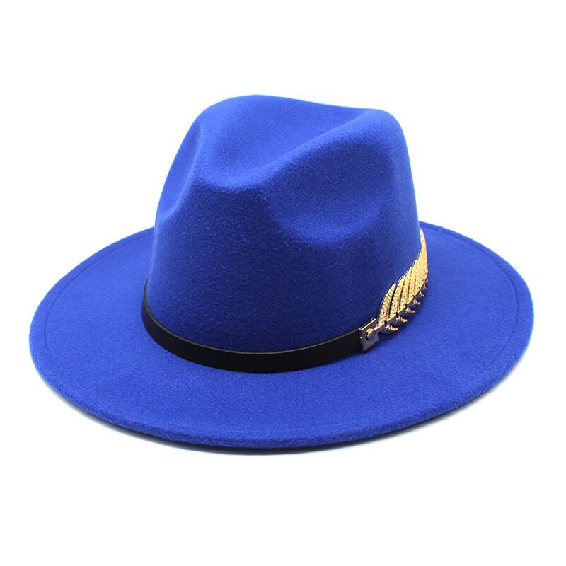 Chapeau en laine à large bord pour femme, chapeau avec chaîne de feuilles en métal, style Jazz, britannique, rétro, Fedora, à la , église, Panama, automne et hiver: blue / M 56-58CM