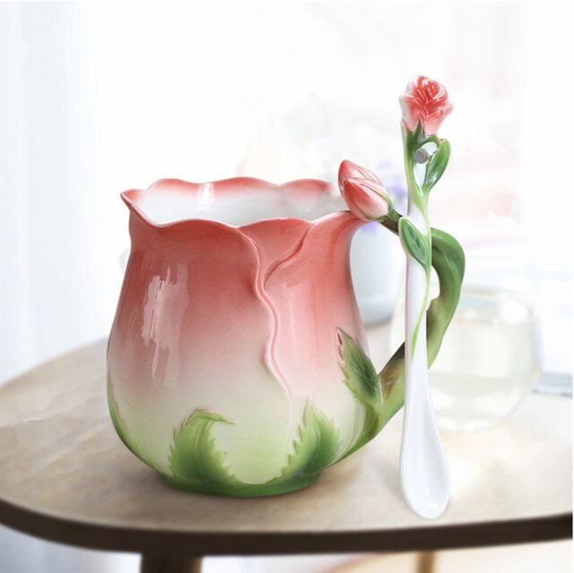 NOOLIM 3D Rose Coffee Cup Enamel Tea Cup Set With Spoon Saucer Cups Ceramic European Bone China Drinkware: Auburn