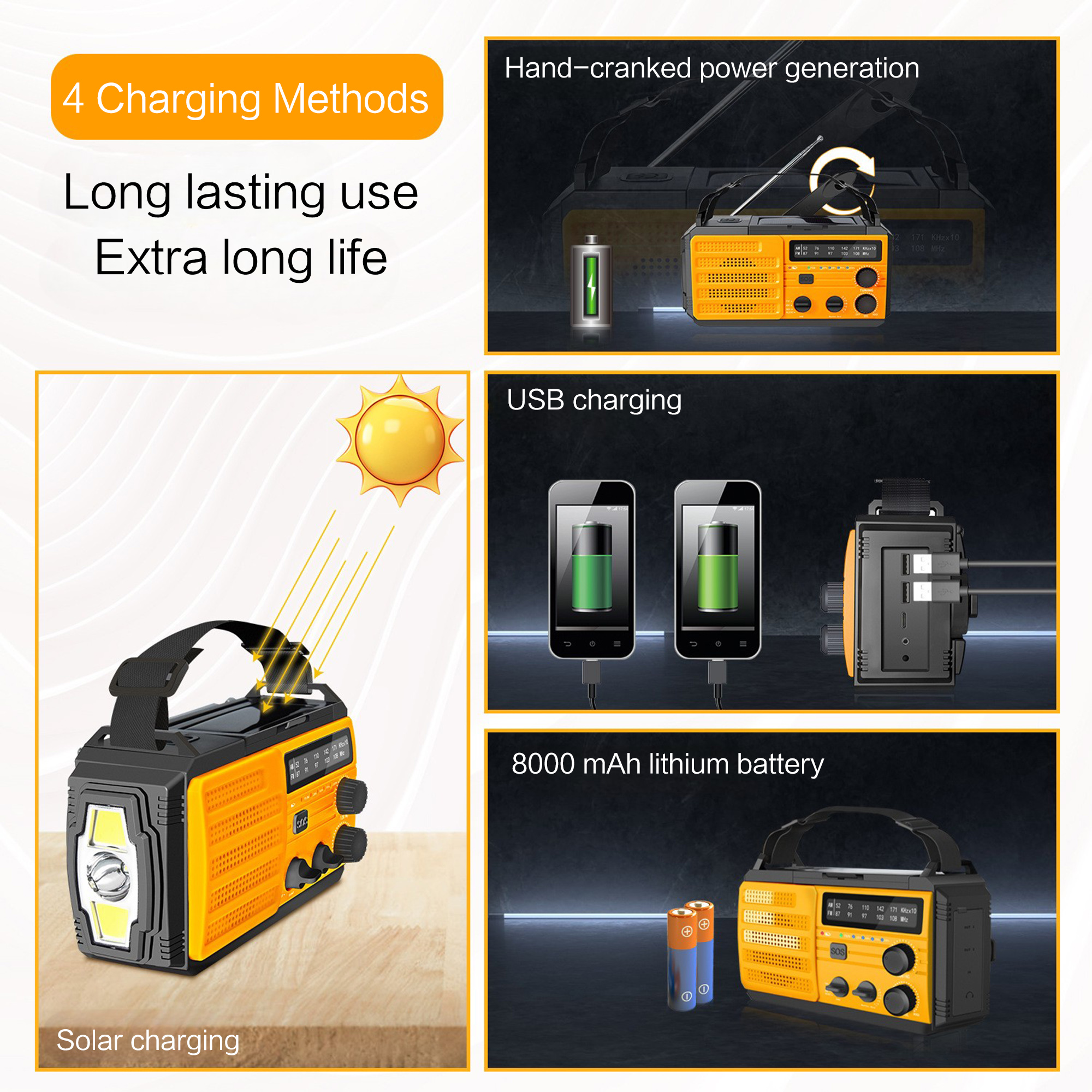 Radio pogodowe Awaryjne wielofunkcyjne radio FM AM WB Korba ręczna Solar USB Ładowanie 2000mAh Power Bank Latarka LED