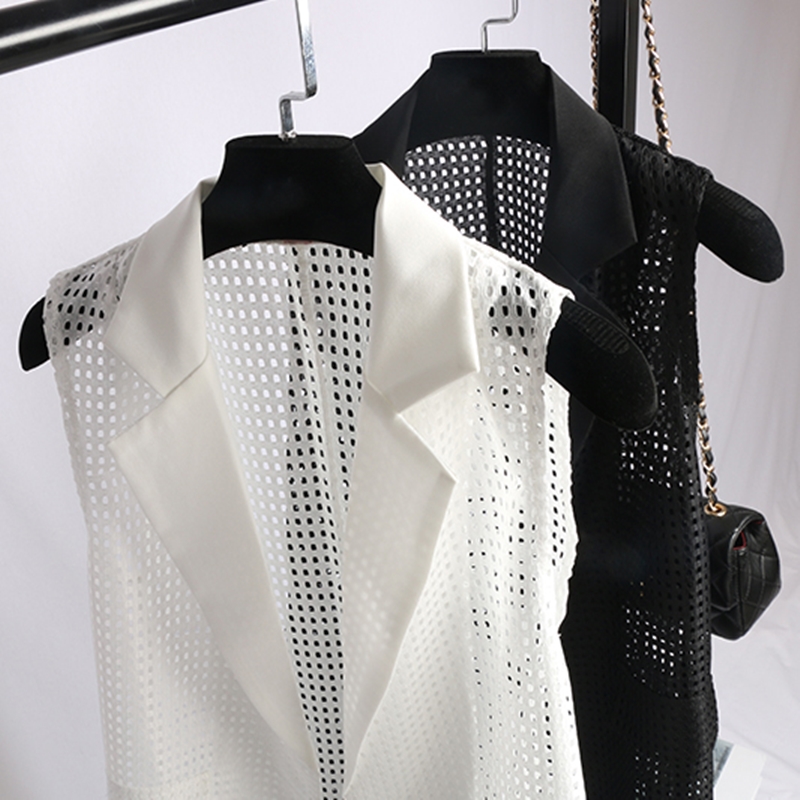 Lang vest kvinder sommer ærmeløse cardigan veste udhulet tyndt overtøj dame fritidstøj sort hvid m -3xl