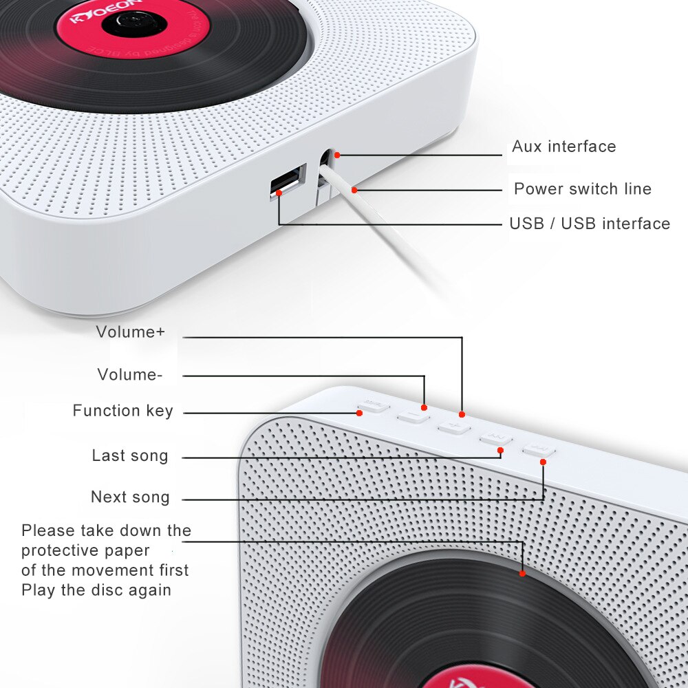 Lecteur CD mural, Radio FM, haut-parleurs HiFi intégrés, USB, MP3, Bluetooth, Audio Portable pour la maison, Boombox avec télécommande