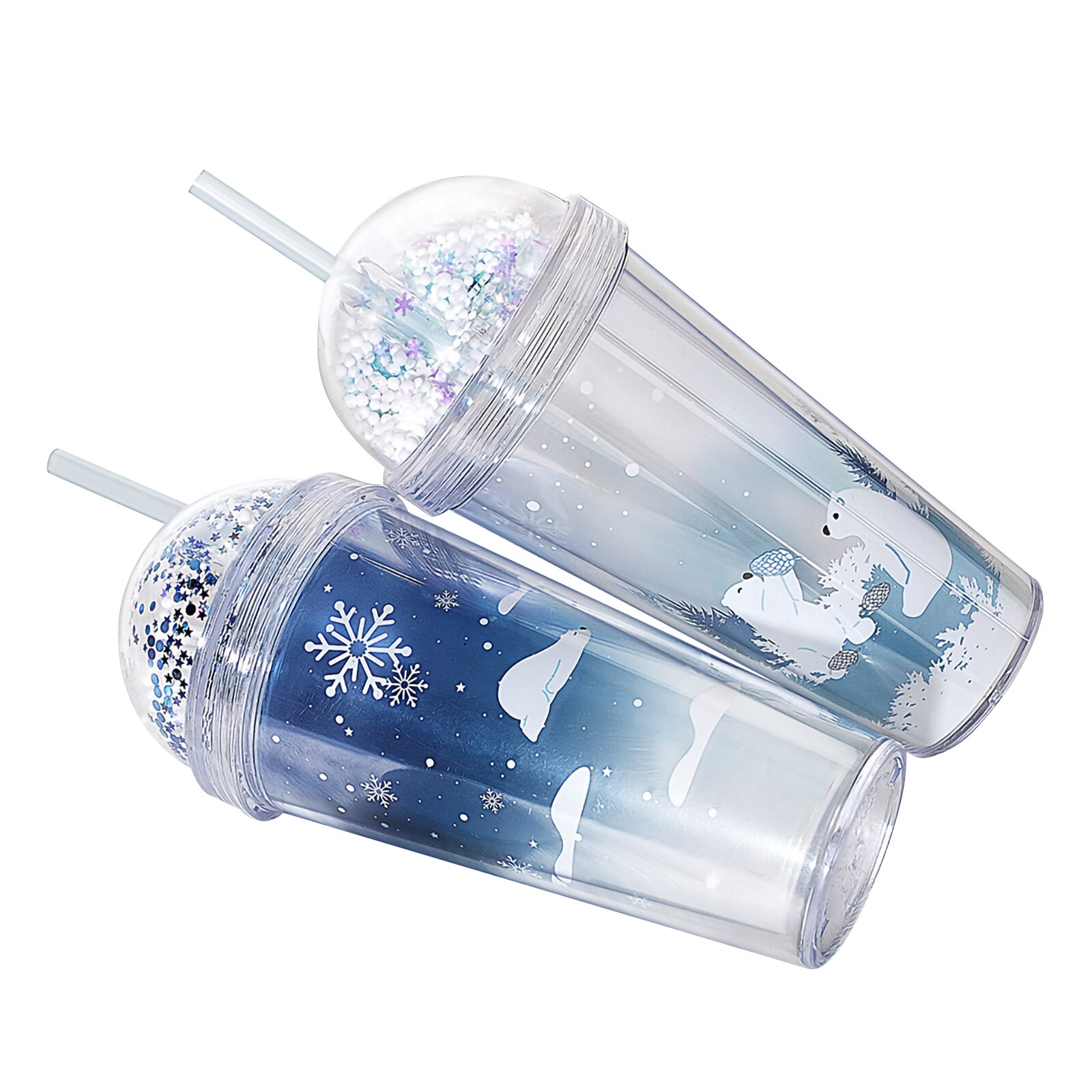 Stro Cup Double-Layer Glitter Met Ronde Cover Gemak Eenvoudige Polar Bear Patroon 420Ml Water Container Schoon