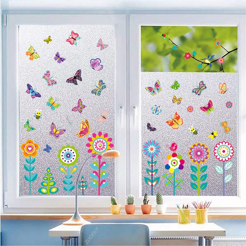 Pegatinas electrostáticas para ventana, 9 piezas, pequeñas flores, mariposa, primavera de bienvenida, espejo de puerta de cristal, pegatinas de decoración de flores