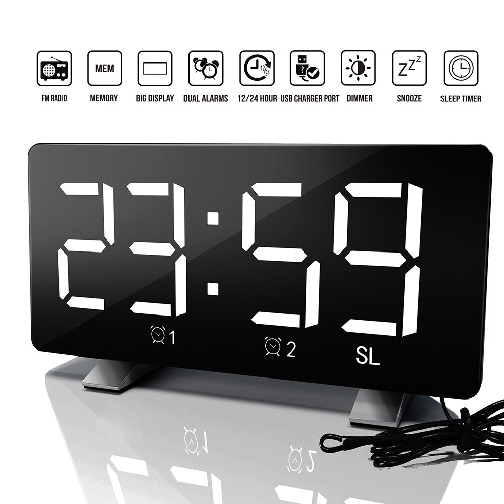 Electronic Alarm Clock Noiseless Digital LED Large Display Mirror Power Off Memory Function AAA Not Batteries Glow Clock: White