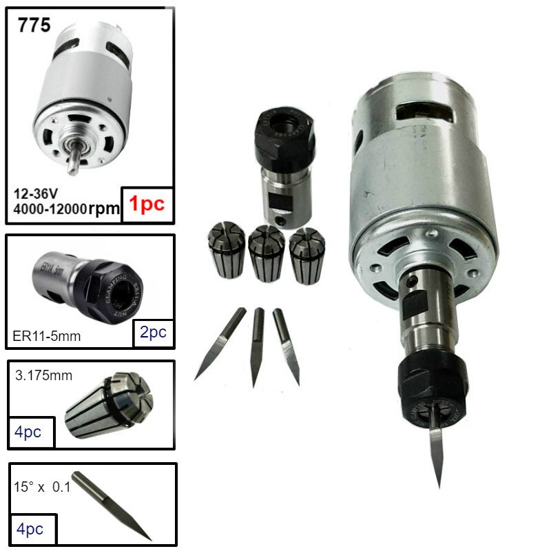 775 DC Motor 12-36V Ball Bearing Spindle Motor with ER11 Extension Rod Carving Knife for CNC Router Machine 1610/ 2417/ 3018: Option 2