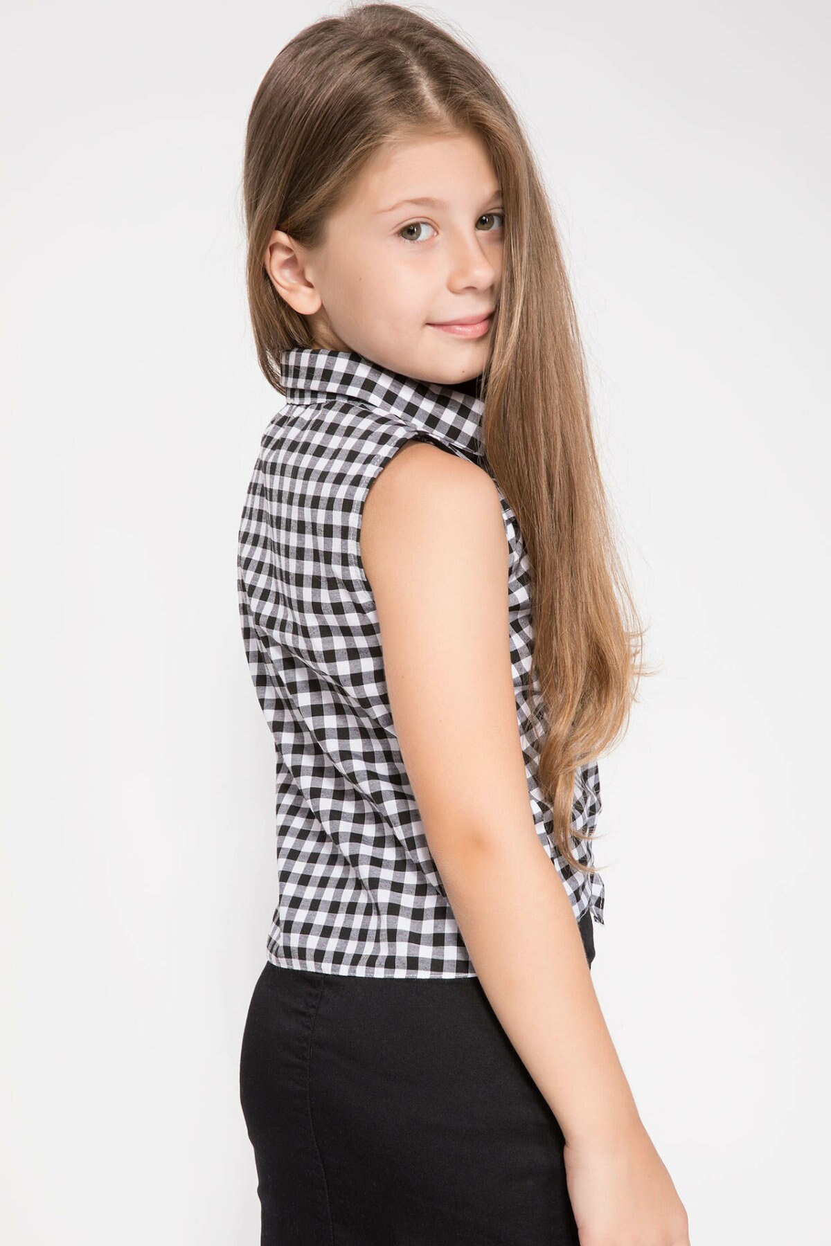 DeFacto Sleeveless White Black Plaid Girl Shirts Classical Woven Ball Kids Turn-down Colar Bowtie Shirt K2105A618HSBK46-K2105A618HS