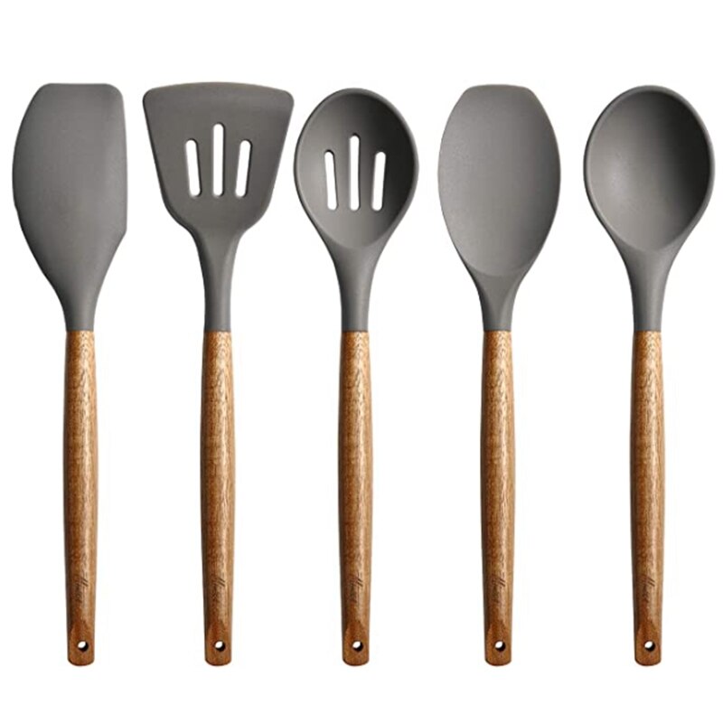 Set Van 5 Siliconen Kookgerei Set, Houten Handvat Spatel, Lepel Borstel, Non-Stick Kookgerei, Keukengerei