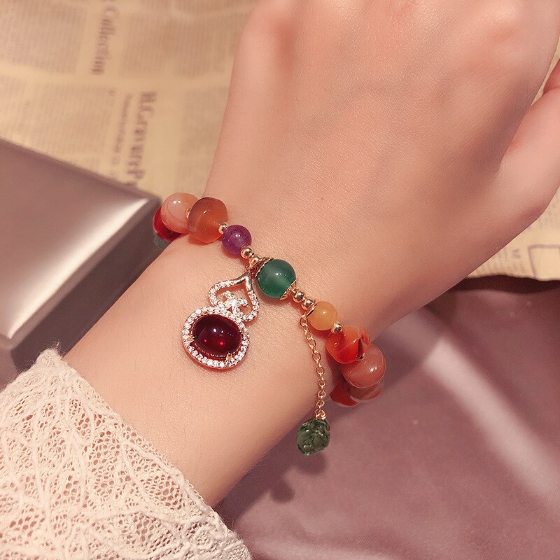 Natural Agate Beaded bracelet For Women Gourd Leaf Pendant Bracelets &amp; Bangles Bijoux Women Cinnabar Jade Fine Lucky Jewelry