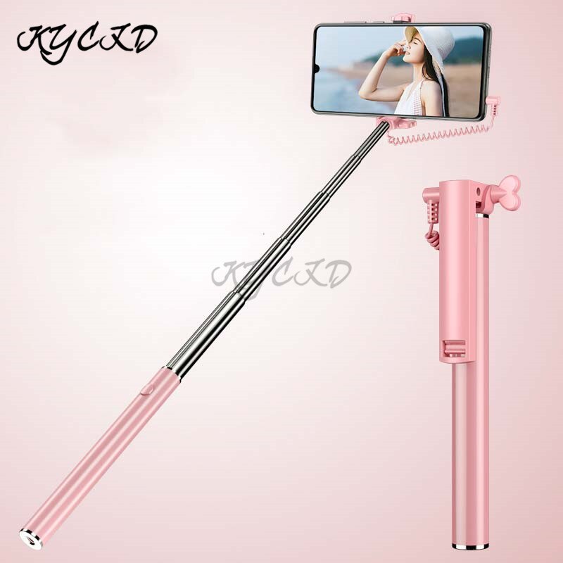 Handheld Selfie Stick 71CM Extendable With Remote Shutter Button 3.5mm Cable Wired Selfie Monopod Self-Timer For Android IOS: Pink